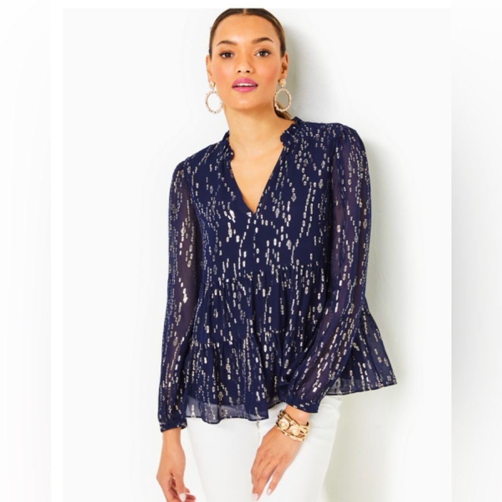 NWT NIB Lilly Pulitzer Sarita Long Sleeve Silk Top Blue Fish Clip Chiffon 12